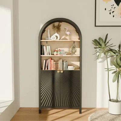 Hanni Black, 61" Tall, Mid - Century Modern, 5 Tier, Arched Cabinets, Bookshelf With Door, Radial Pattern  In Gray