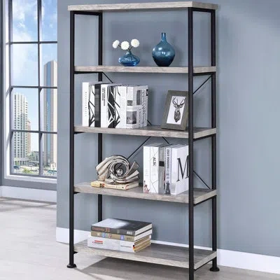Hanni Black Metal Frame 4-shelf Bookcase With Grey Driftwood Shelves, Open Back, Ample Space For Personal 