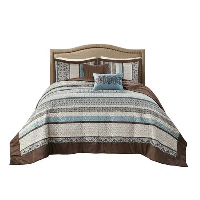 Hanni Blue Full/queen Quilt With 5 Pieces And Pillows, Material, Traditional Geometric Motifs, Comfortable In Brown