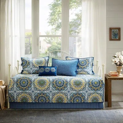 Hanni Blue Reversible Daybed Cover - 6 Piece, With Medallion Print And Striped Reverse, Fits Twin Mattress