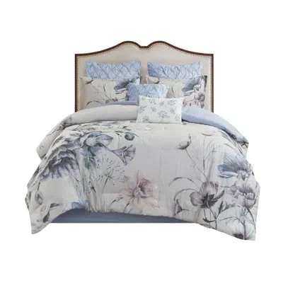 Hanni Blush King Comforter - 8 Piece Cotton With Large Scale Floral Print And Bedroom Appeal Printed Elega In Blue