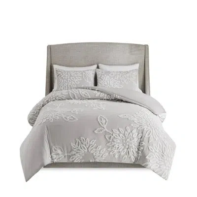 Hanni Chenille Floral Comforter - Warm Grey/white Cotton Shabby Chic Bedroom Style Full/queen Machine Wash In Gray
