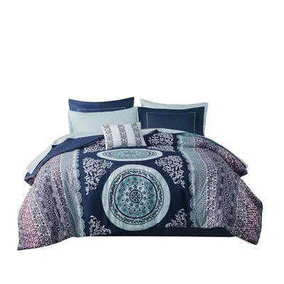 Hanni Comforter And Sheet Package - Navy Medallion Print, Embroidered Shams, Soft , Complete Stylish Beddi