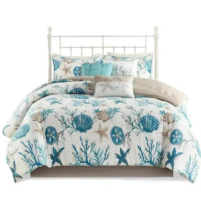 Hanni Comforter Queen - 7 Piece With Printed Coastal Elements And Pebble Beach Solid Taupe Reverse In Blue
