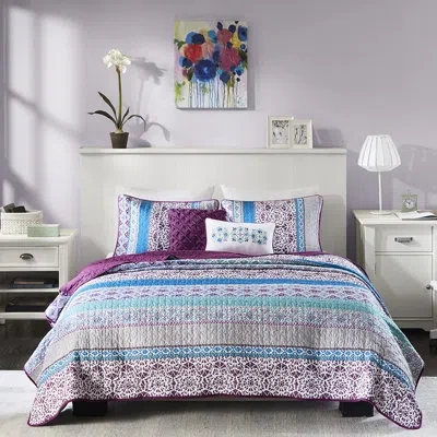 Hanni Comforter With Global Ethnic Theme - , Soft Microfiber, , 2 Shams, Decorative Pillows, Purple Cushio