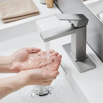 Hanni Contemporary Sink Faucet With Waterfall Effect, Brushed Nickel Finish, Deck-mounted, One Handle, Pop In Silver