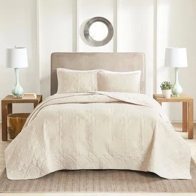 Hanni Cream 3 Piece Bedspread Reversible - Microfiber, Enchanting Pattern, Oversized Draping, 2 Shams, Was