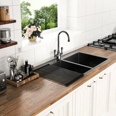 Hanni Double Bowl Kitchen Sink - 33x22 Gunmetal Black, 18 Gauge Stainless Steel, Easy To Maintain 33"x22" 