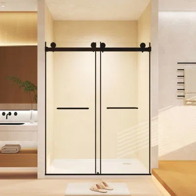 Hanni Double Sliding 60 "w Shower Door, 8mm Tempered Glass, Matte Black, Stainless Steel Fittings, Externa