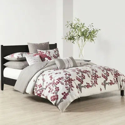 Hanni Euro Sham Grey 26"x26", 100% Cotton 200tc, Pleated With Red Embroidery Accentuation, Hidden Zipper, 