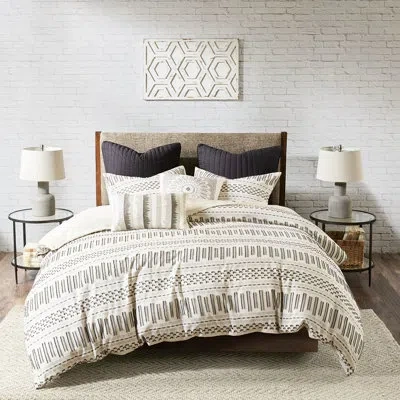 Hanni Fabric Cotton - Base With Charcoal Stripe Weave Comforter & In Ivory+charcoal
