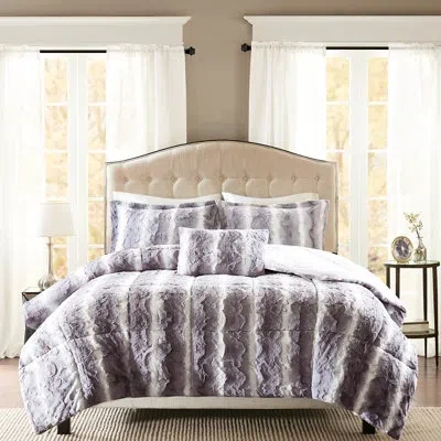 Hanni Faux Fur Comforter , Grey, Filling, 4pc Including Comforter, 2 Shams, Dec Pillow, Grey Color, With S
