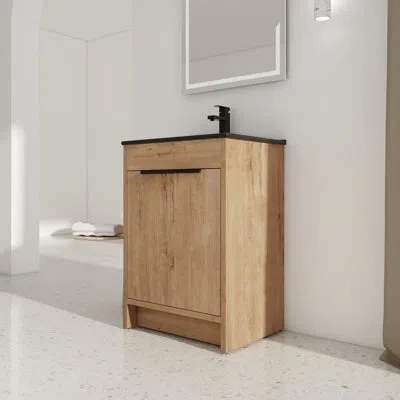 Hanni Freestanding Vanity With Black Ceramic Basin. 2 Doors, Metal Handle, Adjustable Shelf. Plywood Cabin In Brown