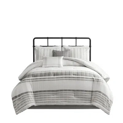 Hanni Full Cotton Comforter . Grey Stripes On White Background. Filling. Comprises Comforter, Bed Skirt, S In Grey+white