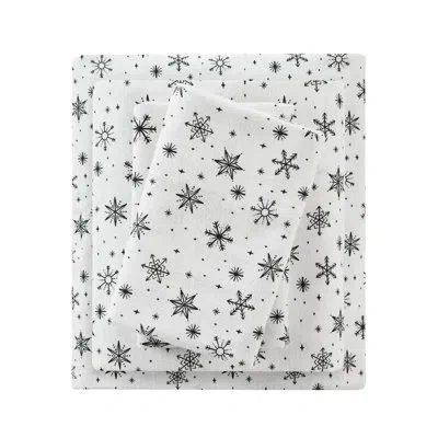 Hanni Full Sheet Of 4 Pcs With Black Snowflakes Pattern, 100% Cotton Flannel For Mattresses Up To 18", Sof In Multicolor