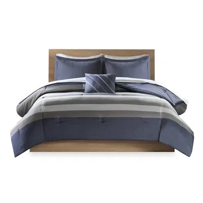 Hanni Full Size Striped Bedding Comforter With Sheets, Serene Blue & Grey, , , Contains Comforter, Shams,  In Blue+grey
