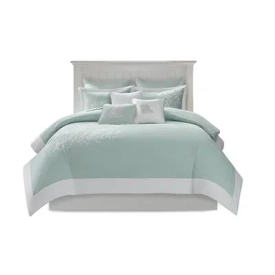 Hanni Full/queen 100% Cotton Duvet Cover Mini In - Attractive Coral Embroidery & Border Piece Edge With Da In Aqua