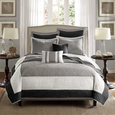 Hanni Full/queen 7 Piece Quilt , Euro Shams & Decorative Pillows, Medallion Quilt, Solid Border, Easy To W In Gray