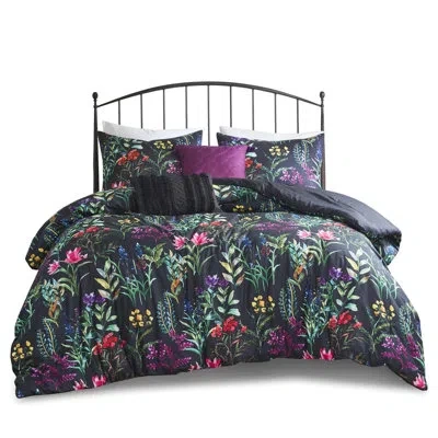Hanni Full/queen Comforter 5 Piece, Black, Botanical Print Adornment, Filling, 2 Shams, Decorative Pillows In Green
