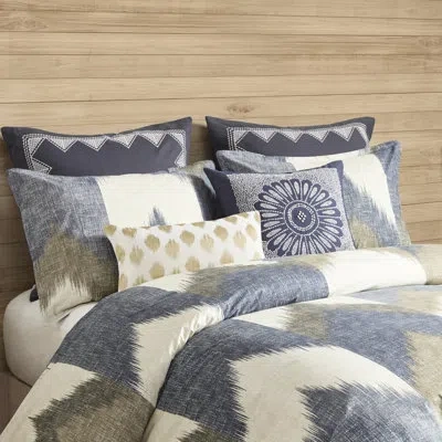 Hanni Full/queen Duvet Cover Mini - Printed Cotton With Design And 2 Shams Button Closure Solid Reverse Fe In Blue