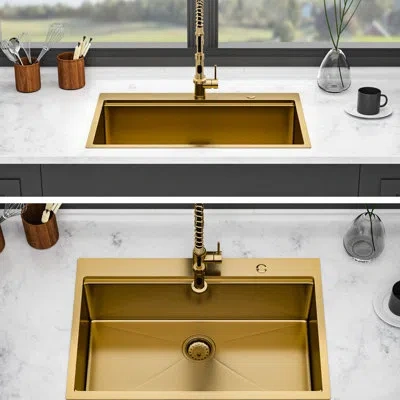 Hanni Gold 33" X 22" 16 Gauge T304 Stainless Steel Drop - In Kitchen Sink, Workstation Functionality, Smoo