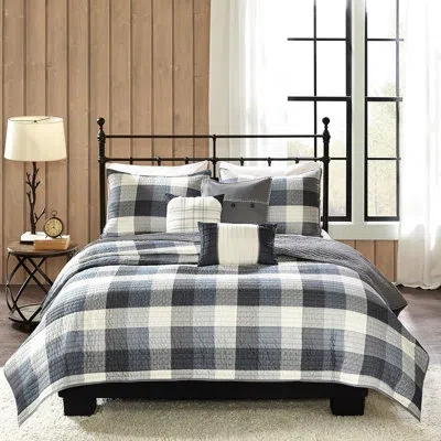 Hanni Grey Full/queen Printed Herringbone Quilt , 6 Piece, Buffalo Plaid Design, Soft And Cozy Bedding Dec In Blue