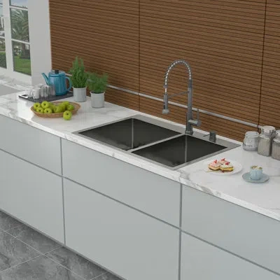 Hanni Gunmetal Black 33" Double Bowl Drop In Kitchen Sink 16 Gauge 60/40 Split, 10" Deep, Hand - Made With In Silver