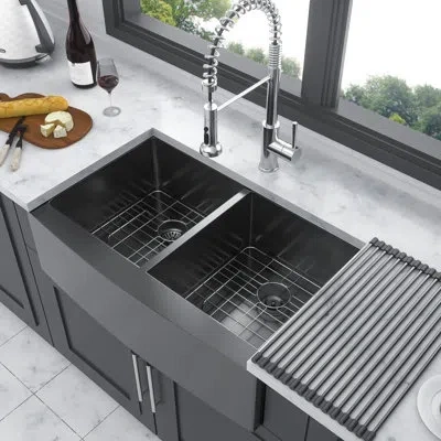 Hanni Gunmetal Black Double Bowl Kitchen Sink 33"x21"x10" - 16g Stainless Steel Style With Feature In For 