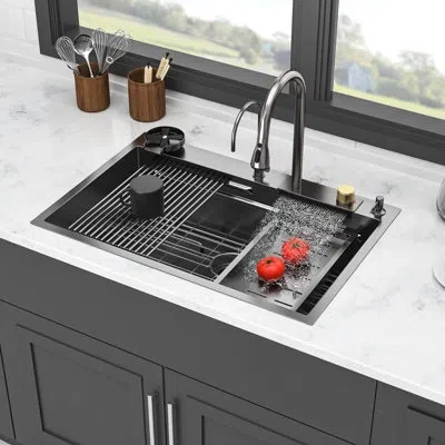 Hanni Gunmetal Black Single Bowl 33*22 Inch Kitchen Sink In 16 Gauge Stainless Steel With Unique Waterfall