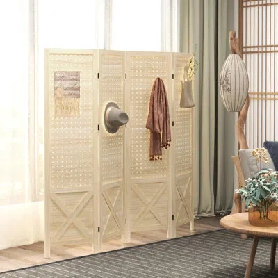 Hanni Home Office Privacy Divider - 4.7' Tall Wood Screen Natural Partition In Beige