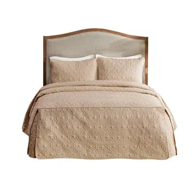 Hanni Khaki Bedspread 3 Piece - Pleated Split Corners, Microfiber Surface, Fill, Freshness Protection Plea