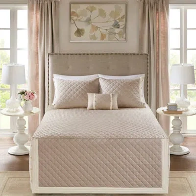 Hanni Khaki Cotton Reversible Bedspread For Queen With Decorative Pillow 4 Piece Stylish Design In Neutral