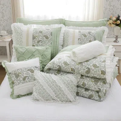 Hanni King 9 Piece Cotton Comforter In Sage . Graceful Floral Design. Includes 1 Comforter, 2 Shams, Euro  In Sage Green