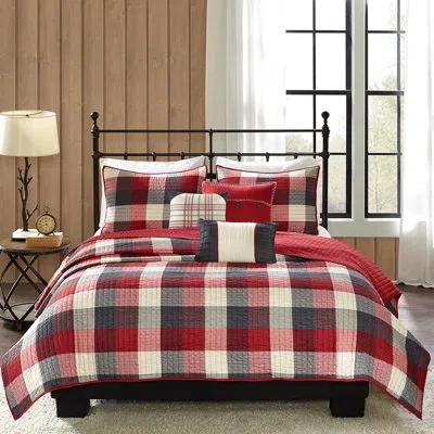 Hanni King/ King 6 Piece Printed Herringbone Grey Quilt , Country Lodge Vibe, Matching Shams And Decorativ In Red