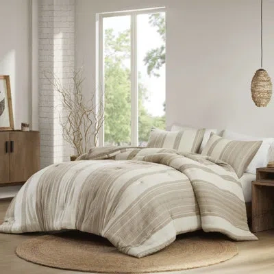 Hanni King/ King Comforter 3pcs - Casual Style Earthy Striped Design, Special Waffle And Gauze Weave, 100% In Tan