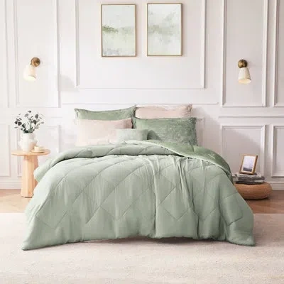 Hanni King/ King Duvet Cover - 4pcs With Decorative Pillow, Inner Corner Ties And Machine Washable Velvet  In Green