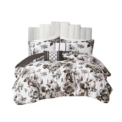 Hanni King/ King Floral Print Bedding - Ultra Soft Comforter , , 2 Shams And Decorative Pillows, Black Whi In White+black