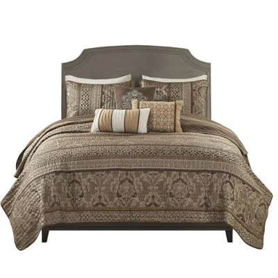 Hanni King/ King Quilt With Throw Pillows - Brown/gold. . Leaf, Striping And Details. Reversible Quilt. Co