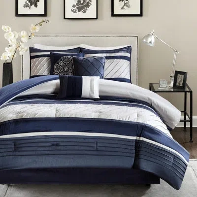 Hanni King Size 7 Piece Comforter In Navy - Elegant Pieced Design With & Pillows Machine Washable Fill Bed