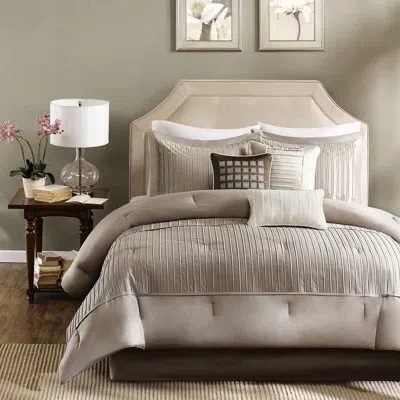 Hanni King Size 7 Piece Comforter , Taupe Charmeuse, , With Bed Skirt & Decorative Pillows , Detail In Neutral