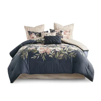 Hanni King Size 8 Piece Comforter , Navy, Embroidered Pillows, , Cotton Floral Pattern, Solid , Steam
