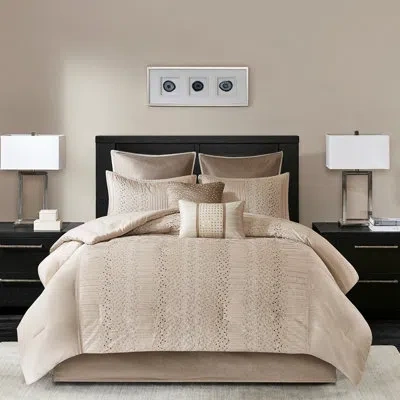 Hanni King Size Comforter - Faux Silk, Embroidered Design, Filling, Beige Bedding Collection 8 Piece Detai