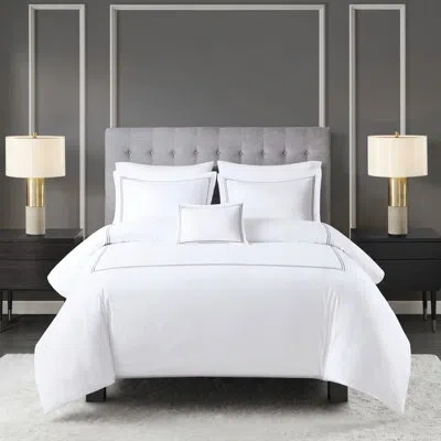 Hanni Luxury 500tc Cotton Comforter , Full, With Embroidered Striped Border And Pillow 500 Thread Count Re In Grey+white