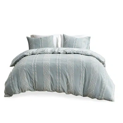 Hanni Luxury King/ King Cotton Duvet - Stripe Embroidery, Reverse, Buttoned Closure, - Bedding Ground With In Blue
