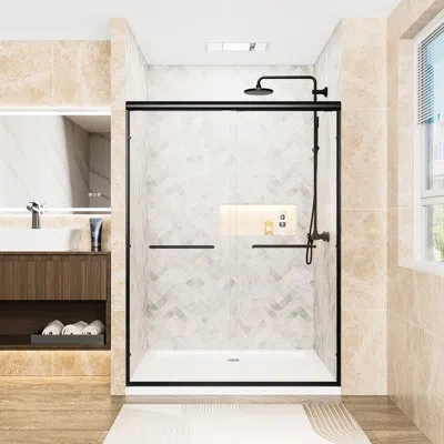 Hanni Matte Black Aluminum Frame Double Sliding Shower Door, 1/4" 6mm Clear Tempered Glass With -proof Fil