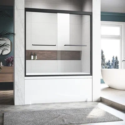 Hanni Matte Black Semi Tub Door 56-60 In. W X 57 H - Thick Clear Tempered Glass, 304 Stainless Steel Handl
