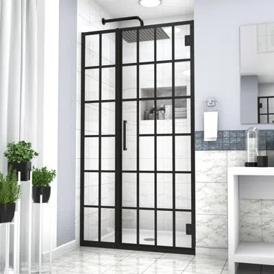 Hanni Matte Black Shower Door With 34" W Glass. Transform Bathroom Atmosphere. Tempered Glass Stability. E
