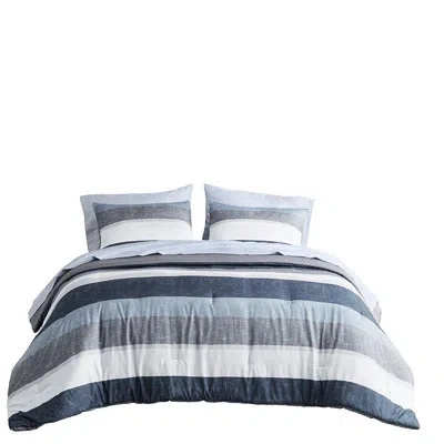 Hanni Modern Bedroom With Grey, Navy, Blue Stripe Comforter - Filling Microfiber Sheets Fits Up To 12" Mat In Blue+grey