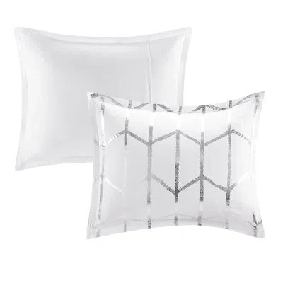 Hanni Modern Full/queen Comforter - Metallic Silver Geometric Print On White, Filling, 2 Shams, Decorative In White+silver