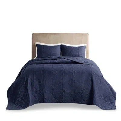 Hanni Navy Bedspread 3 Piece - Microfiber, Fill, , Elegant Medallion Quilting Attribute 100% Filling, Magn